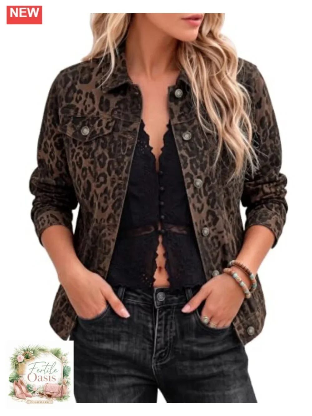 Women's Leopard Print Denim Jacket Stretch Casual Jean Jacket